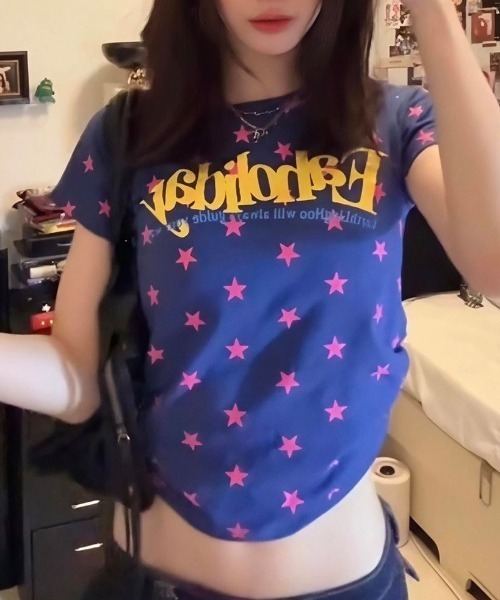 ViViDAY tシャツ 半袖 フロント英字ロゴ 星柄ショートtシャツ
