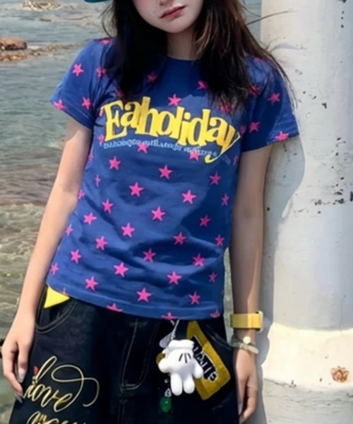 ViViDAY tシャツ 半袖 フロント英字ロゴ 星柄ショートtシャツ