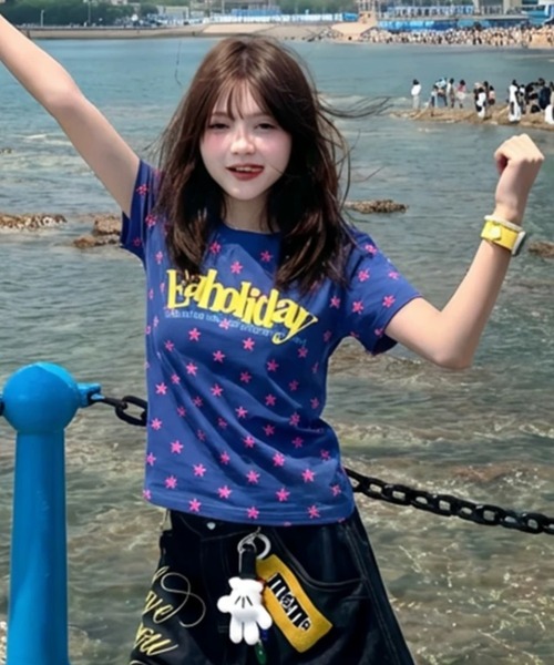 ViViDAY tシャツ 半袖 フロント英字ロゴ 星柄ショートtシャツ