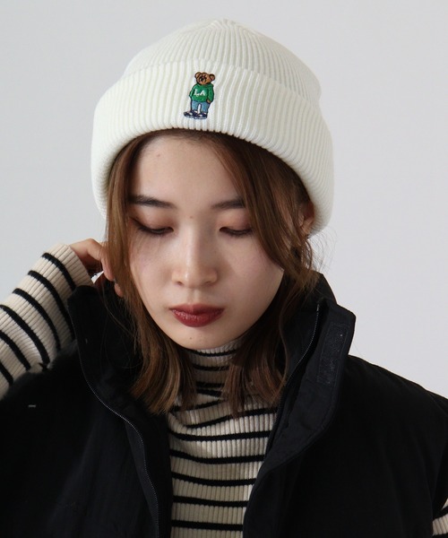 TESTIFY ニット帽 ニットキャップ 防寒 クマの刺繍ニット帽 / OOTD