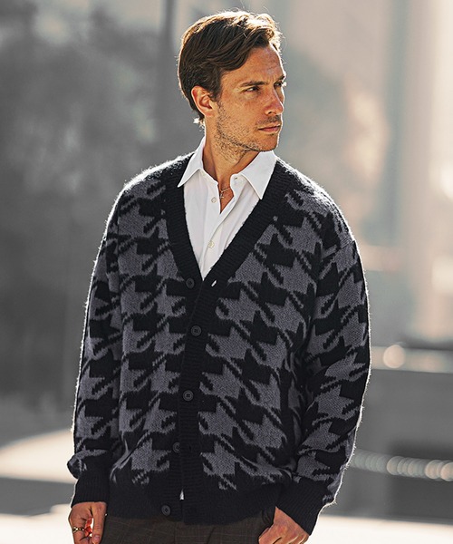 em25 VANSON 黒×白 ニット カーディガン フレイム柄 メンズL相当 SOMEDIFF（サムディフ） カーディガン 「SOMEDIFF」モヘアタッチ総柄
