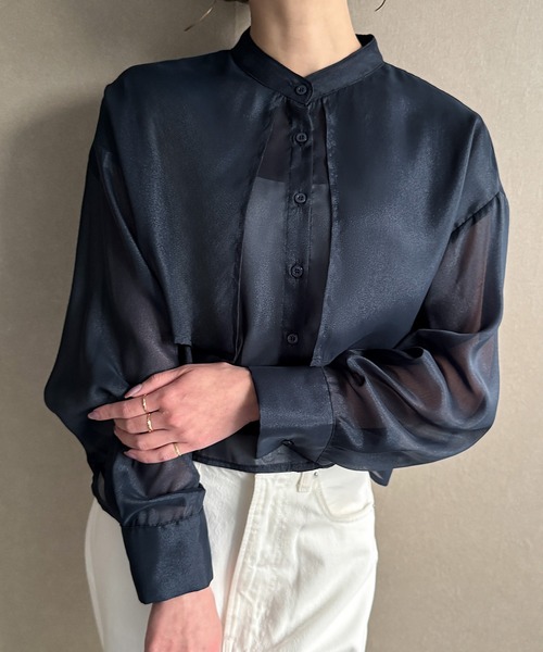 JUNOAH ブラウス シャツ シアーヨークバックレースアップ