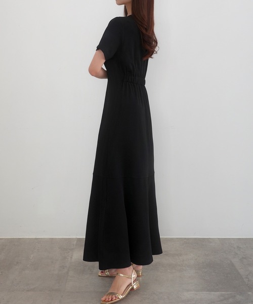 ロング丈 デザイン ワンピース ドレス キーネック 切替 タック入 ワンピース キーネックタックデザインワンピース「ペチスカート