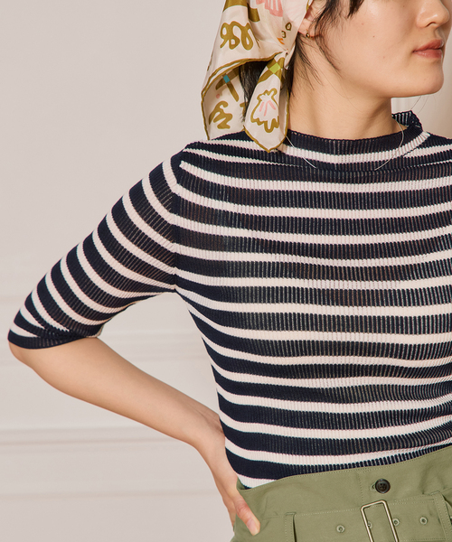 ニット セーター IENA LA BOUCLE 総針針抜きボーダー半袖プルオーバー レディース IENA LA BOUCLE ニット セーター 総針針抜きボーダー半袖プル