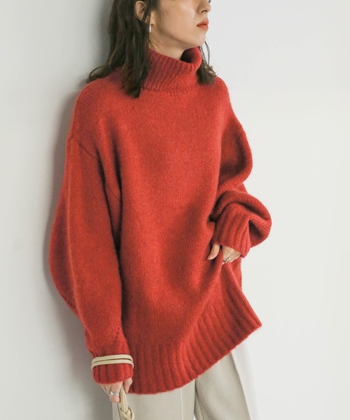 美品▲45R//タートルネックニット▲セーター ふんわり もこもこ レッド 赤 やわらかタッチタートルネックニットプルオーバー/earth music&ecology