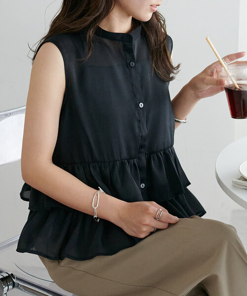 美品　ノースリシャツカラーティアードブラウス Apuweiser-riche - 美品 ノースリシャツカラーティアードブラウス の