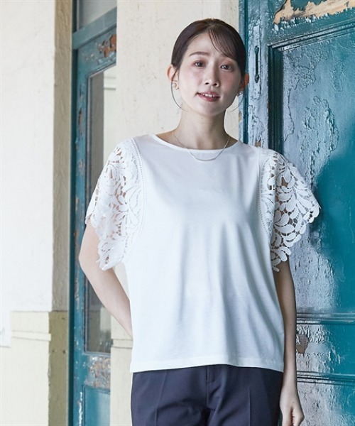 tシャツ 小さいサイズ　袖レースカットソートップス　低身長さん・小柄女性 レディース