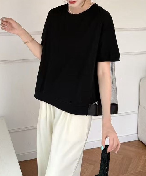 COUDRE / クードル | チュールレイヤード クルーネック カットソー | ブラック | レディース Lace Ladies（レースレディース） tシャツ 半袖 チュール レイヤード