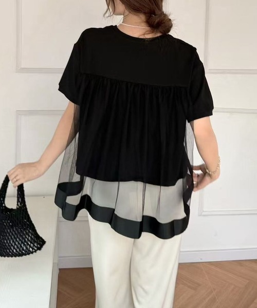 COUDRE / クードル | チュールレイヤード クルーネック カットソー | ブラック | レディース Lace Ladies（レースレディース） tシャツ 半袖 チュール レイヤード
