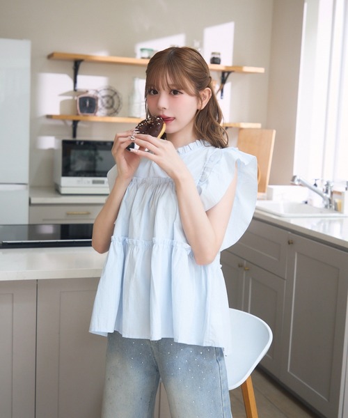 ブラウス シャツ タフタフリルノースリーブブラウス レディース ESTNATION / フリルツィルタフタノースリーブブラウス《ONLINE