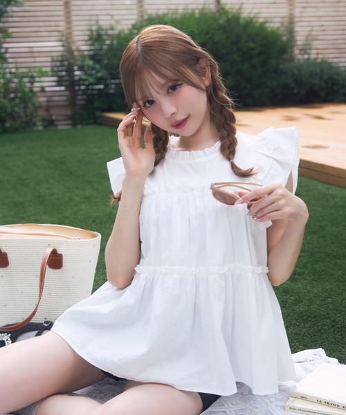 ブラウス シャツ フリル ノースリーブ ブラウス レディース Loungedress ブラウス シャツ フリルノースリブラウス