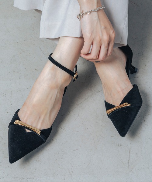 【EVOLリボンセパレートパンプスBZ23837 （ブラックスエード） 24.5 EVOL（イーボル） パンプス 「クッション入り・ふかふか」4.5cmリボン