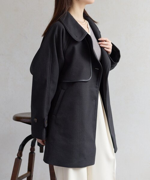 ★新品 Thevon ツイードパイピングミドルコート ブラック Thevon コート アウター ツイードパイピングミドルコート レディース