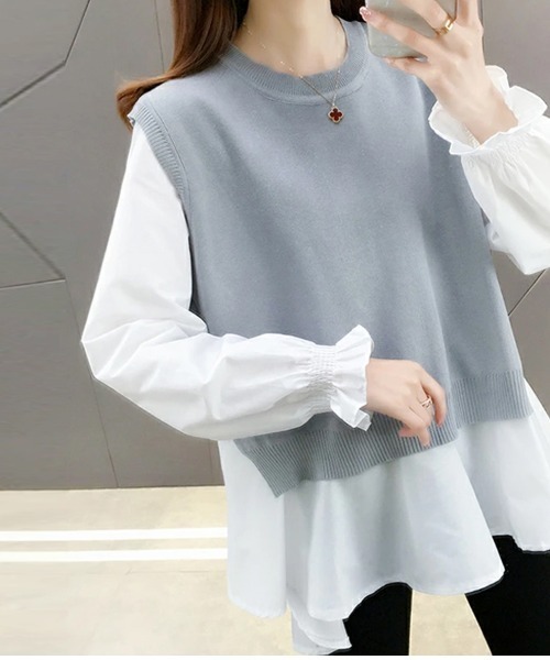 フクナミサンタ○おしゃれジレ　他２点 ベスト ジレ デザインシャツ×ニットベスト2点セット レディース