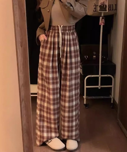 ワイドパンツ パンツ チェック柄 ワイド イージーパンツ レディース