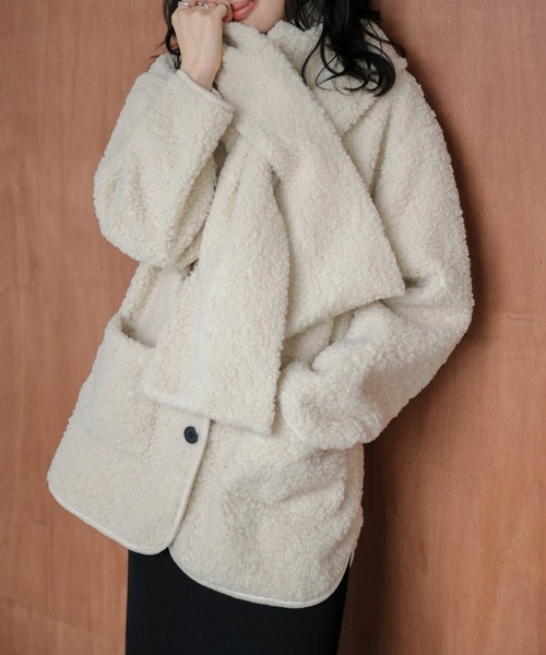 ジャケット ノーカラージャケット マフラー付き ノーカラーボア