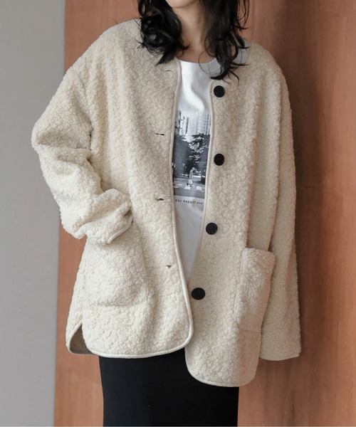 ジャケット ノーカラージャケット マフラー付き ノーカラーボア