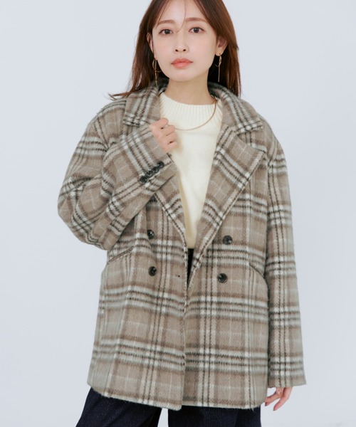 コート アウター ウールシャギーチェックダブルコート 「低身長・小柄