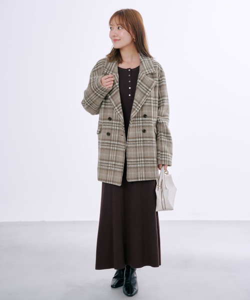 コート アウター ウールシャギーチェックダブルコート 「低身長・小柄