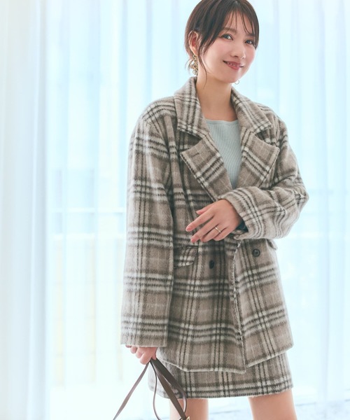 コート アウター ウールシャギーチェックダブルコート 「低身長・小柄