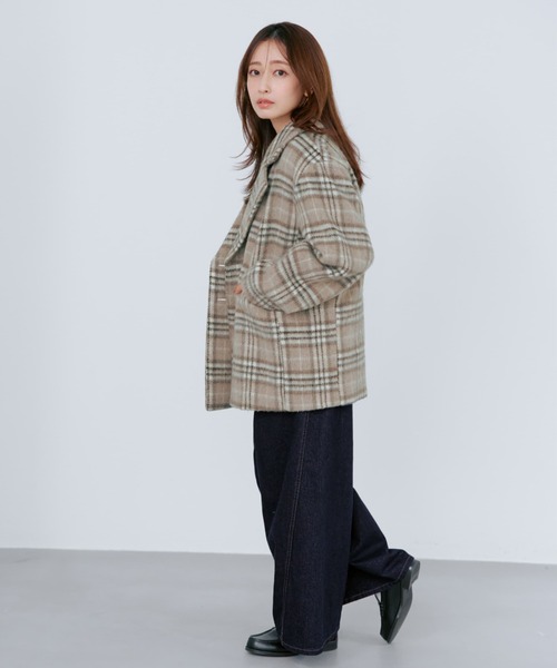 コート アウター ウールシャギーチェックダブルコート 「低身長・小柄