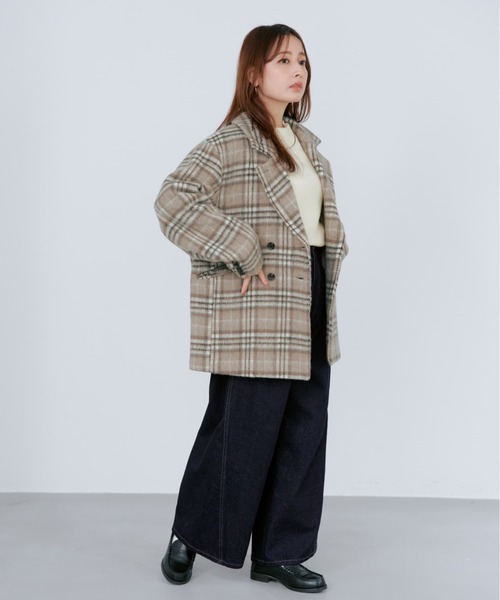 コート アウター ウールシャギーチェックダブルコート 「低身長・小柄