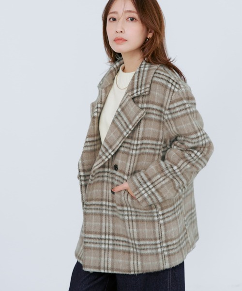 コート アウター ウールシャギーチェックダブルコート 「低身長・小柄