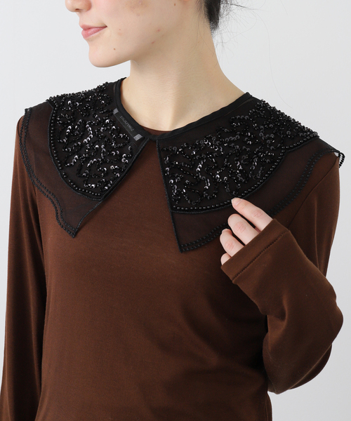 【新品】スアデオ T/Cブロード2WAY 刺繍 ブラウス ブラック つけ襟 B.C STOCK（ベーセーストック） つけ襟 付け襟 2wayビーズ刺繍付け襟