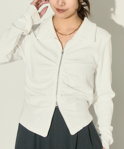 H.TOKYO tシャツ ダブルジップフロントギャザーリブトップス