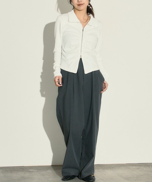 トップス hi H.TOKYO tシャツ ダブルジップフロントギャザーリブトップス