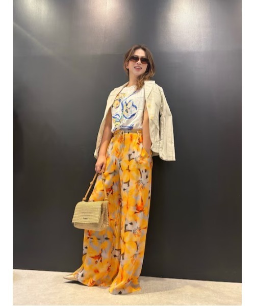 パンツ トロピカル花柄ワイドパンツ オレンジ レディース