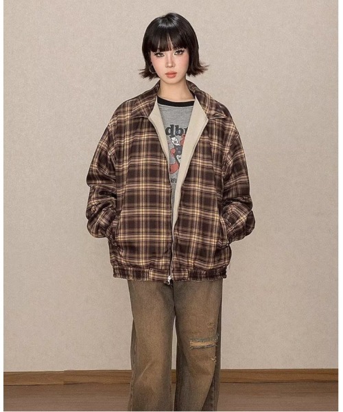コート アウター リバーシブル チェック柄 ビッグシルエットブルゾン/韓国ストリートファッション ユニセックス レディース メンズ | lulufa | 10