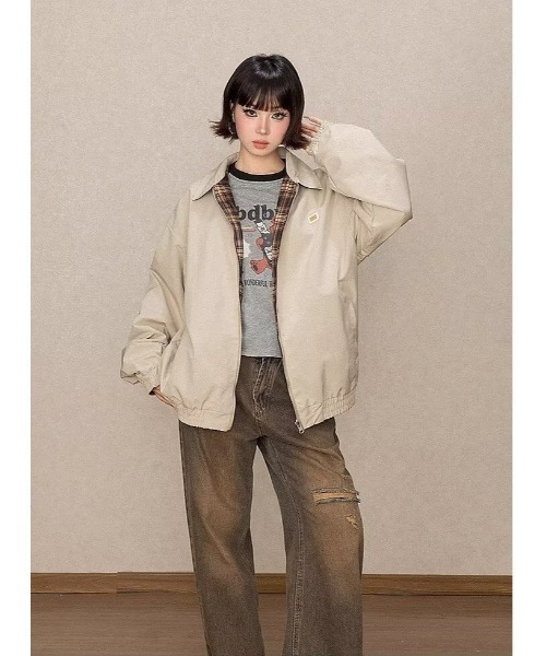 コート アウター リバーシブル チェック柄 ビッグシルエットブルゾン/韓国ストリートファッション ユニセックス レディース メンズ | lulufa | 06