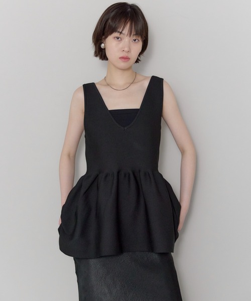 leimn タンクトップ ノースリーブ 2WAYペプラムVネックニット
