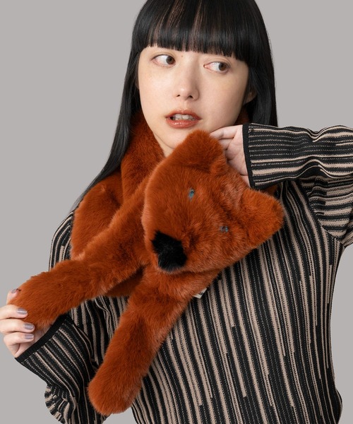 シャドーフォックス　マフラー　チャーム付き／レッド／GAKE 日本製❣️ Casselini（キャセリーニ） マフラー ストール フェイクフォックス