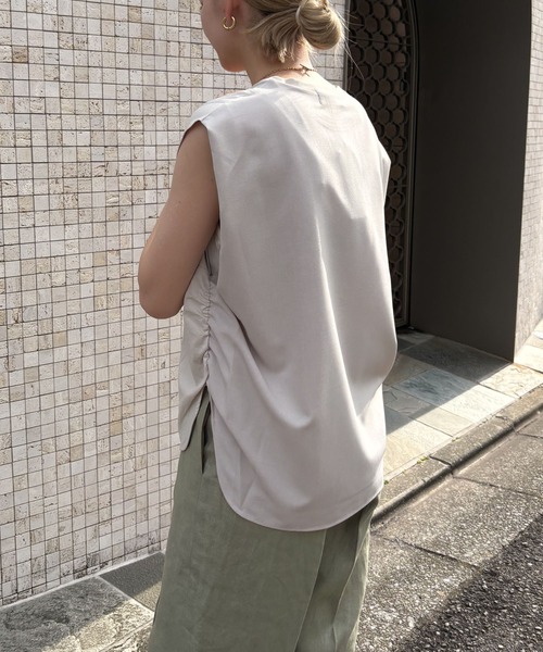 tシャツ サイドギャザー肩タックノースリーブカットソー-手洗い可- レディース