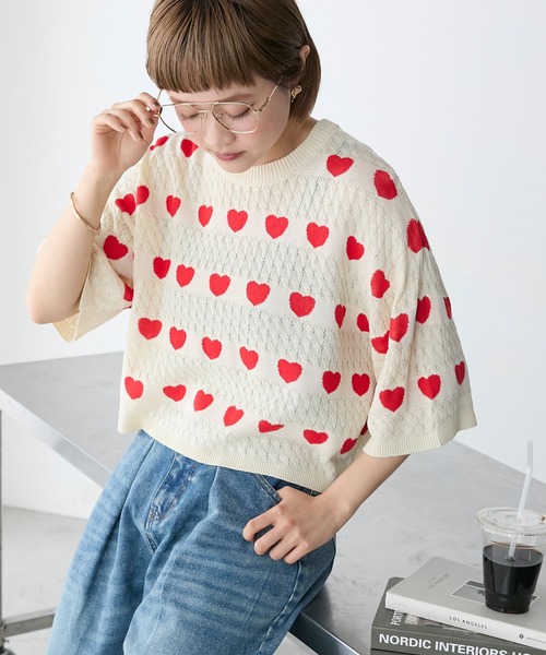 ニット セーター ハートショートニット レディース セール】ハート刺繍ショート丈ニット（ニット/セーター