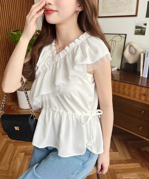 moment+ ブラウス シャツ 2WAYクロスフリルフレンチスリーブトップス