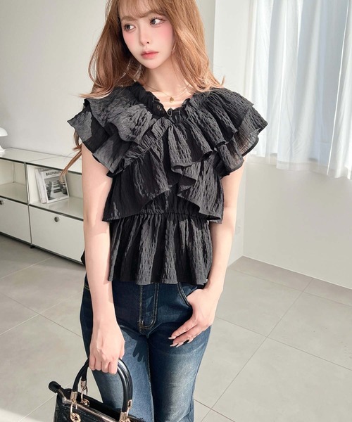 23年✨極美品✨プリーツプリーズ　トップス　フレンチスリーブ　サイズ3 ブルー フレンチスリーブプリントロゴTシャツ - ベルーナ【公式】