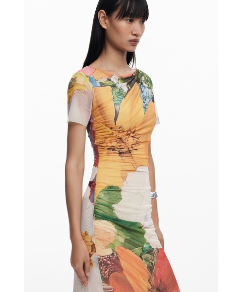 Desigual ワンピース ウォーターカラー 花柄ミディ丈チュール