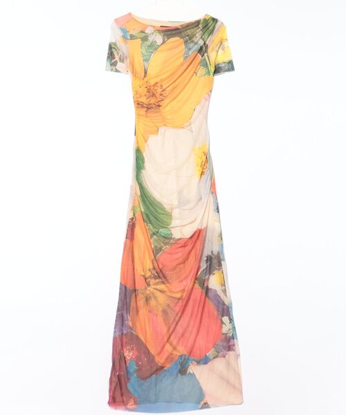  *美しいシルエット*タイト*花柄*ミディ丈ワンピース Desigual ワンピース ウォーターカラー 花柄ミディ丈チュール