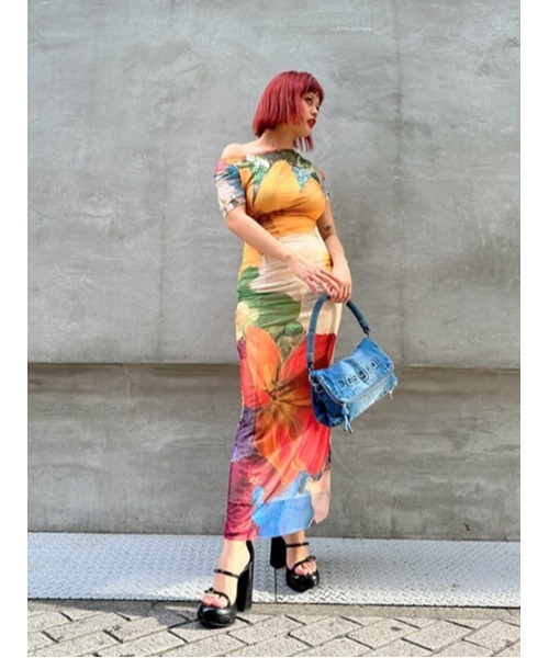 Desigual ワンピース ウォーターカラー 花柄ミディ丈チュール