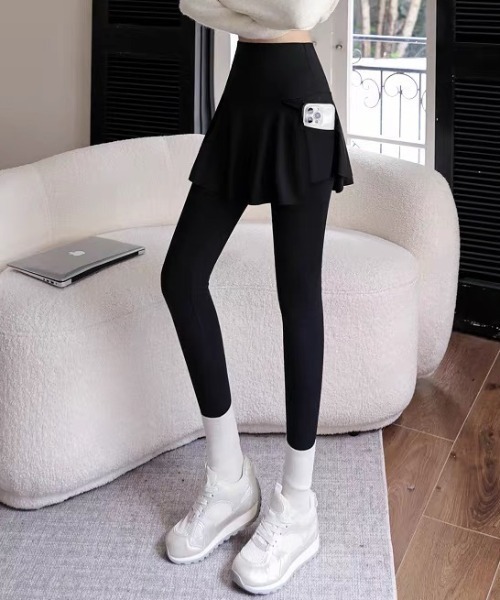 GEMEDA パンツ スカート付き一フェイクレイヤード 体型カバーレギンス 