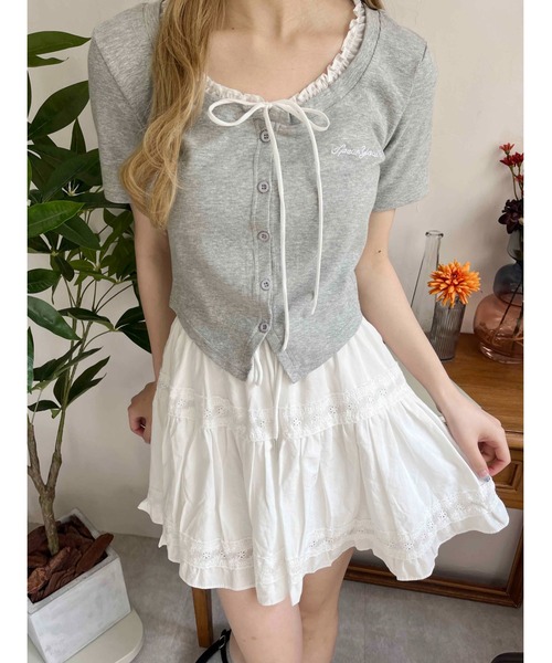 カーディガン 「大人気春夏デザイン」フリルネックカーディガン