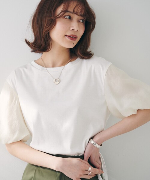 tシャツ 「二の腕カバー/洗える」袖シアーバルーンプルオーバー レディース
