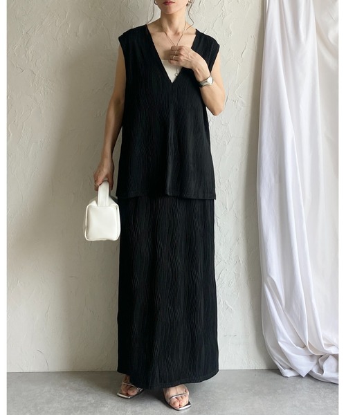 She's Closet ロング スカート ウェーブプリーツIラインバックスリット