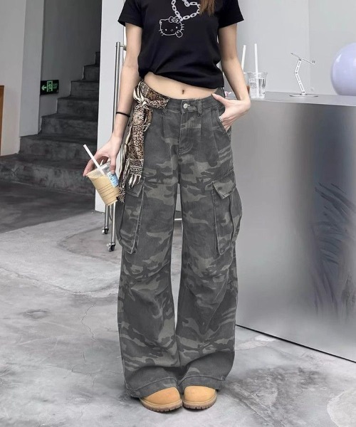 カーゴパンツ マルチポケット アメリカン ワイド レトロ 迷彩柄 Rick Owens - 迷彩柄 ユーティリティポケット ワイドカーゴ