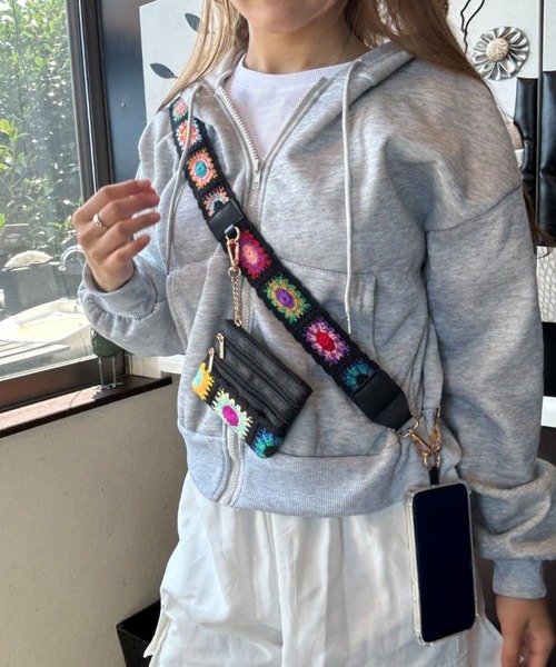 クロシェ編み ポーチ付き ショルダーストラップ スマホストラップ