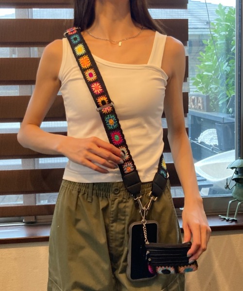 クロシェ編み ポーチ付き ショルダーストラップ スマホストラップ