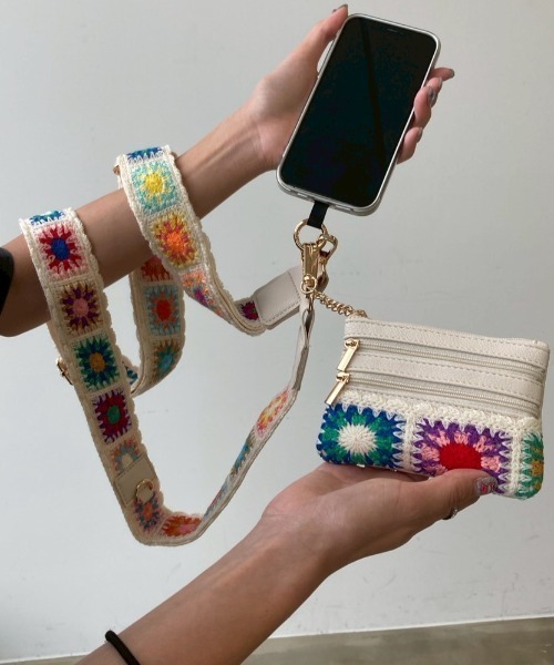 クロシェ編み ポーチ付き ショルダーストラップ スマホストラップ